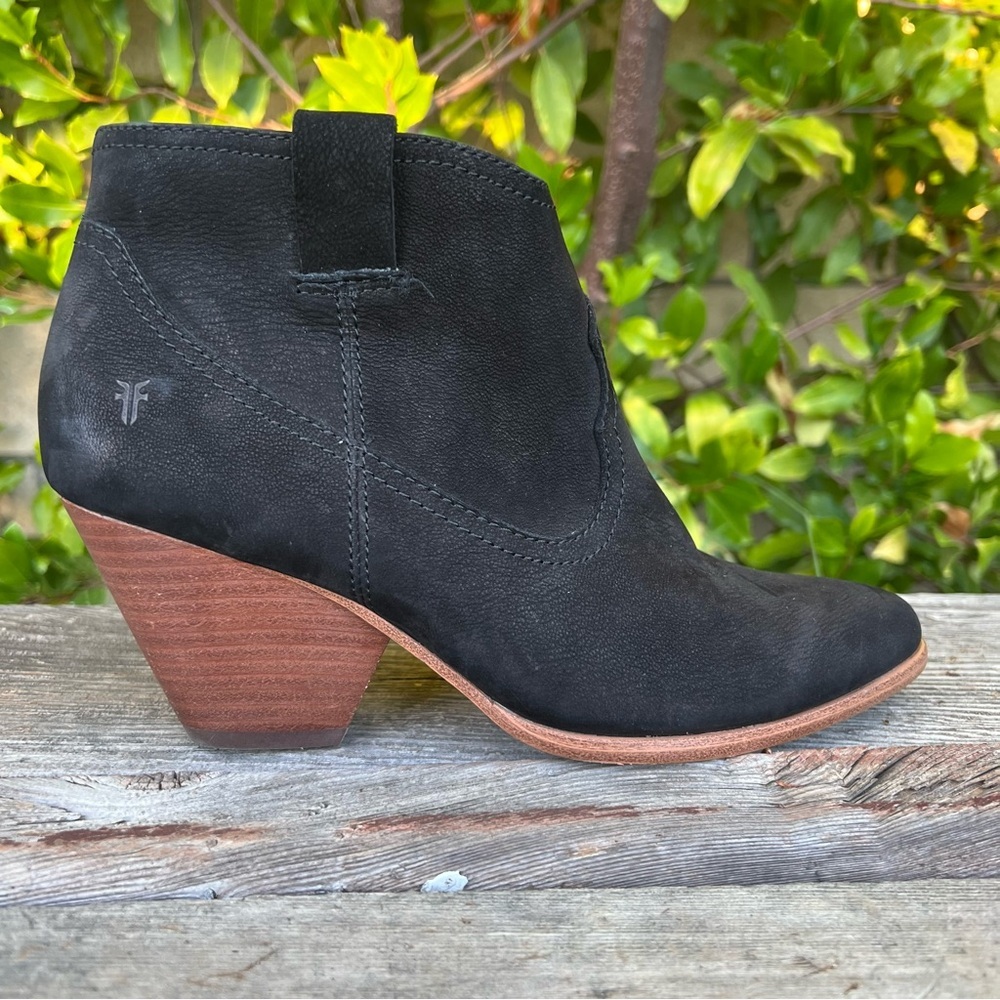 Frye Black Suede Leather Ankle Booties Wooden Heel